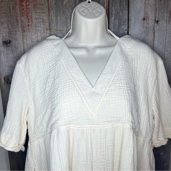 Pink Lily Beach Boho Cream Double Gauze Babydoll Mini Dress w/ Pockets sz L - Picture 3 of 16